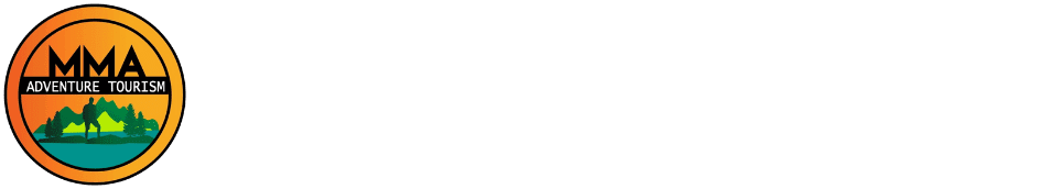 MMA Resorts Mekkarai Logo for MMA Adventure Tourism featuring a circular emblem with trees, water, and mountains, alongside the text MMA Adventure Tourism in bold white letters on a transparent background.