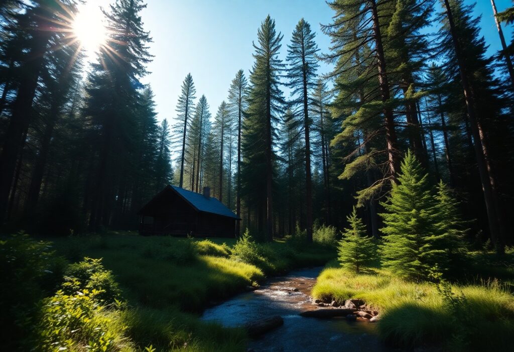 A small wooden cabin sits among tall pine trees next to a flowing stream, with sunlight streaming through the forest and casting shadows on the grassy clearing. MMA Resorts Mekkarai