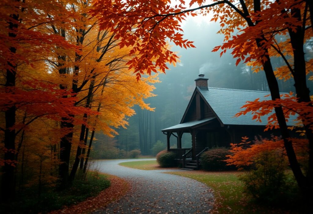 A cozy cabin with smoke rising from its chimney sits beside a winding path, surrounded by vibrant orange autumn trees and soft morning mist in a peaceful forest setting. MMA Resorts Mekkarai