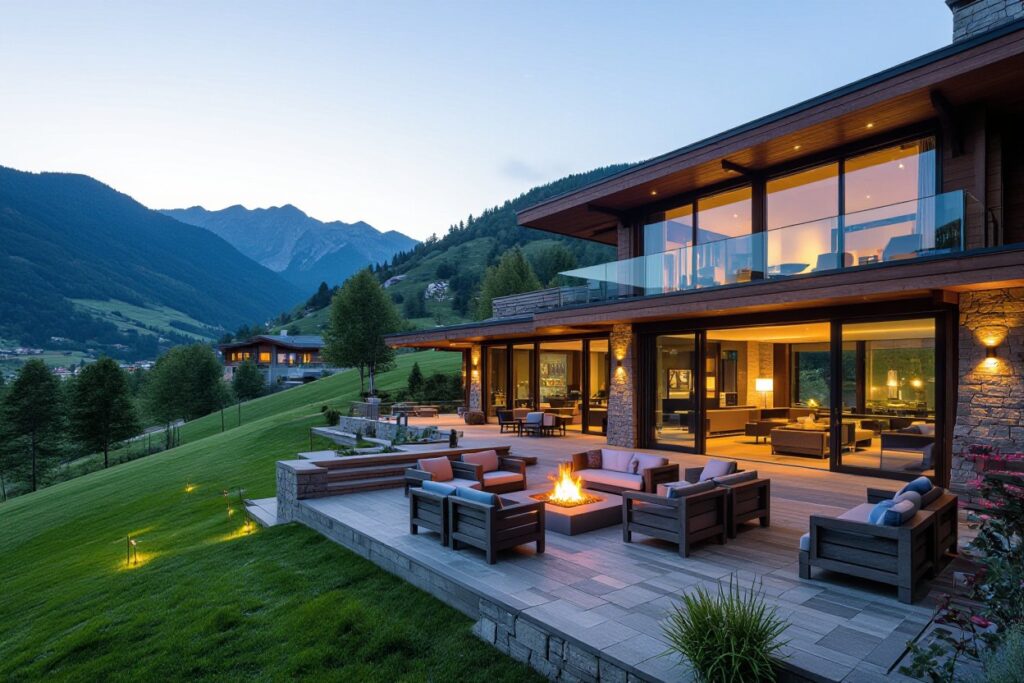 Modern luxury house with large glass walls, spacious outdoor patio, comfortable seating around a fire pit, and scenic mountain views at dusk, surrounded by greenery and soft landscape lighting. MMA Resorts Mekkarai