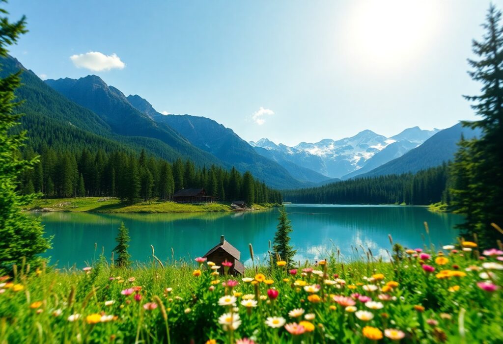 A serene mountain lake with clear blue water, surrounded by pine trees and snow-capped peaks. Wildflowers bloom in the foreground, and a small wooden cabin is near the lake under a bright, sunny sky. MMA Resorts Mekkarai