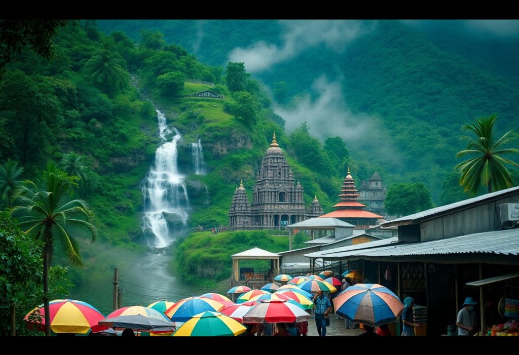 A lush green landscape with a waterfall beside an ornate temple complex; colorful umbrellas cover a market street in the foreground amid misty, forested hills. MMA Resorts Mekkarai