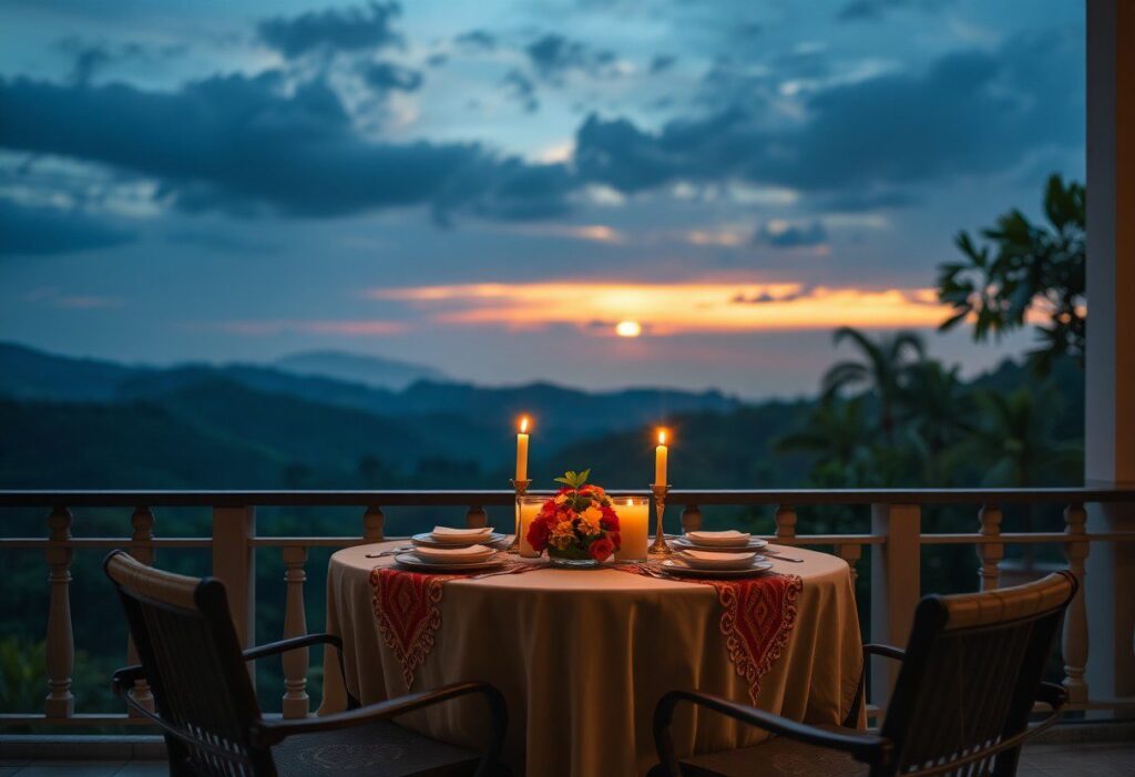 A round table with a floral centerpiece and two lit candles is set for two on a balcony at sunset, overlooking scenic hills and a dramatic sky with clouds. Two chairs face the table. MMA Resorts Mekkarai